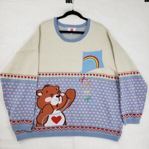 ModCloth Care Bears Sweater Womens 3XL Blue Pink Heart Rainbow Crewneck Cotton